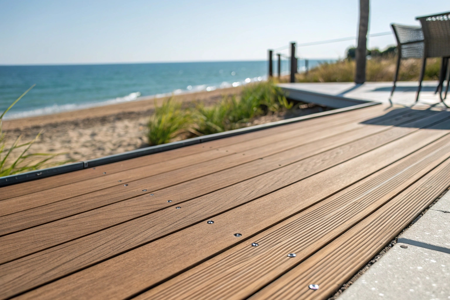 Close-up of salt-resistant composite decking board near the Burleigh Heads beachfront