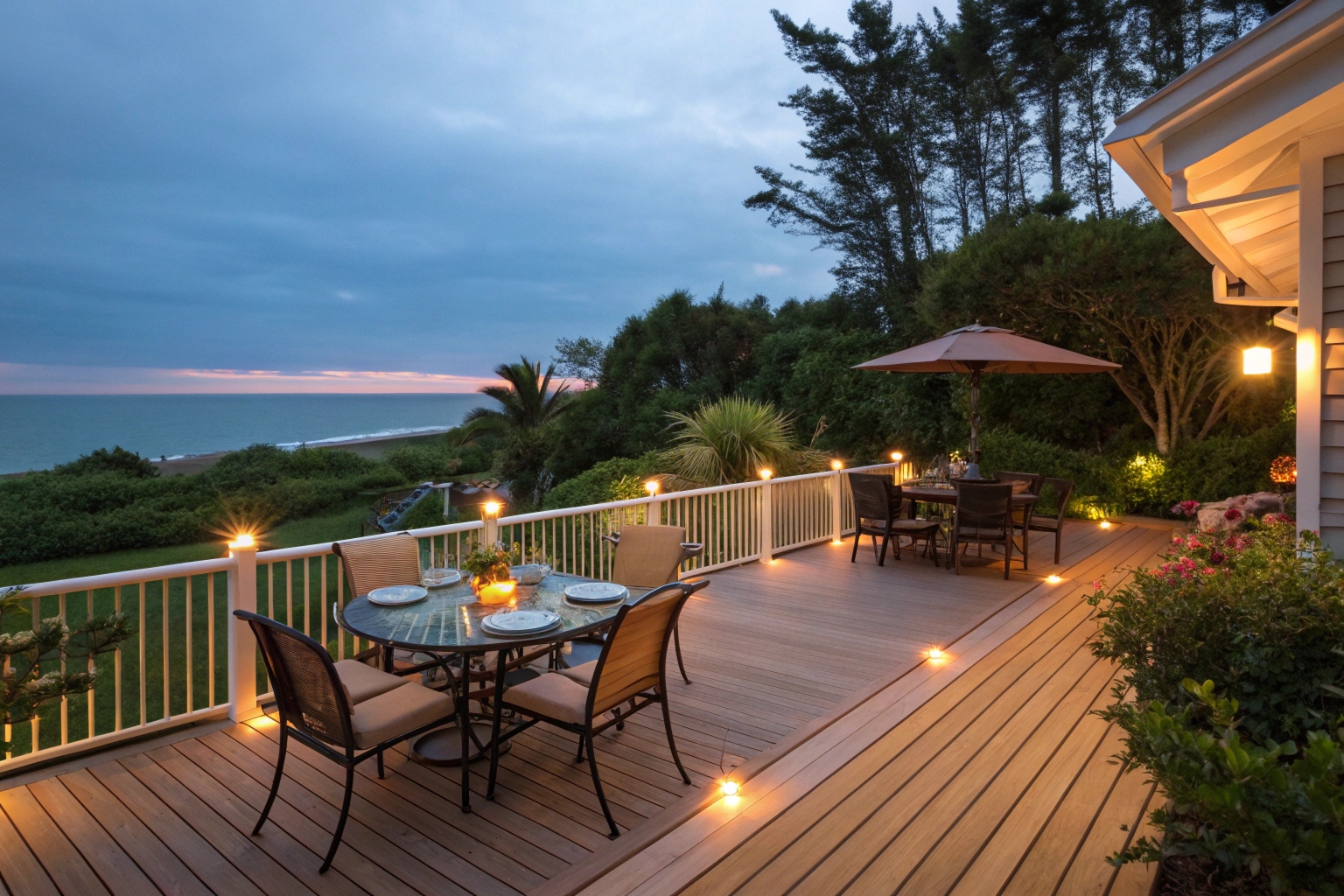 Outdoor entertaining deck with ocean glimpse near James Street, Burleigh Heads