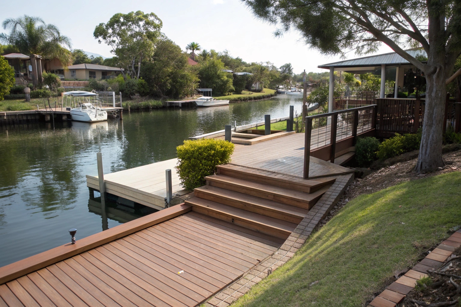 Timber deck on a canal-front property in Helensvale with waterway access
