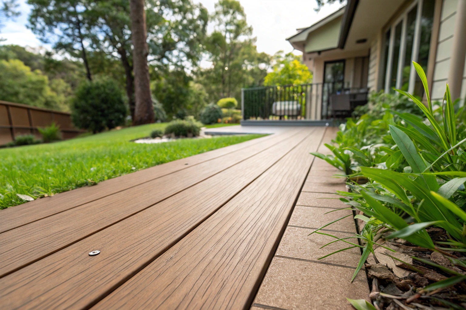 Close-up of composite decking board resistant to humidity and termites in Highland Park