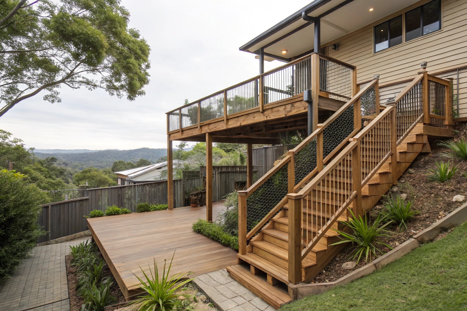Multi-level timber deck built on a sloped hinterland-foothill block in Highland Park