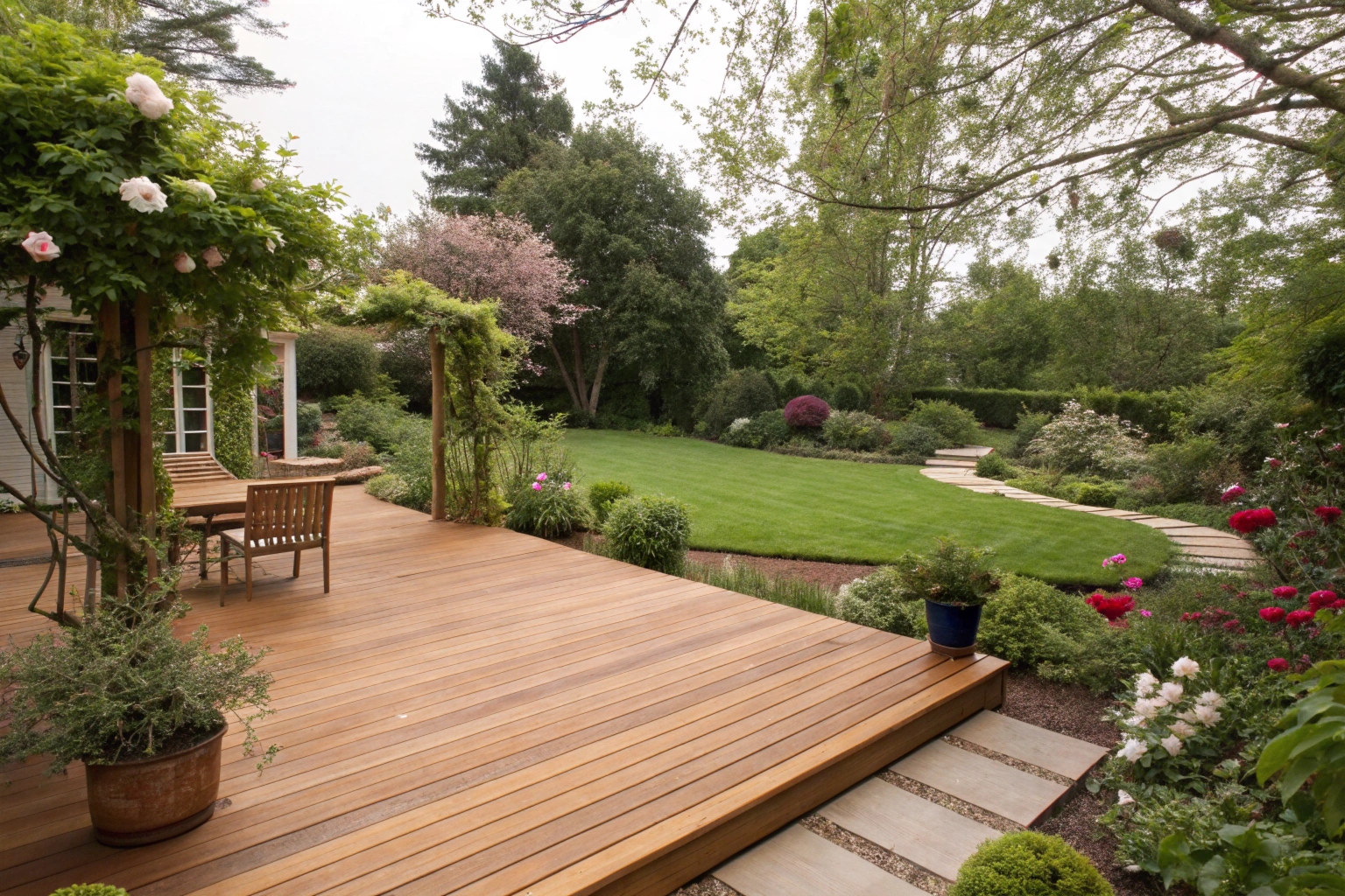 Premium hardwood timber deck surrounded by established gardens in Mermaid Beach
