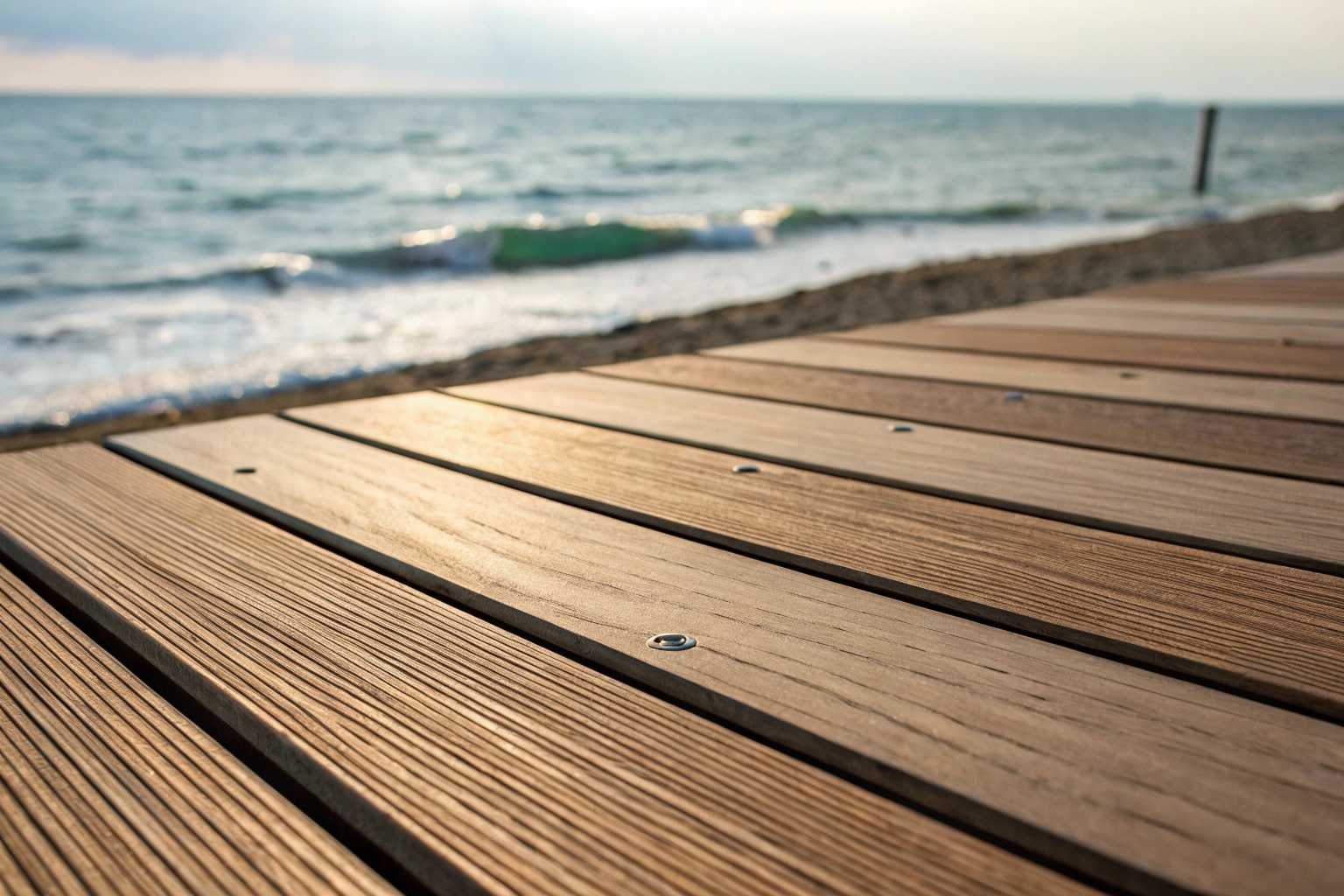 Close-up of salt-resistant composite decking board near the Miami beachfront