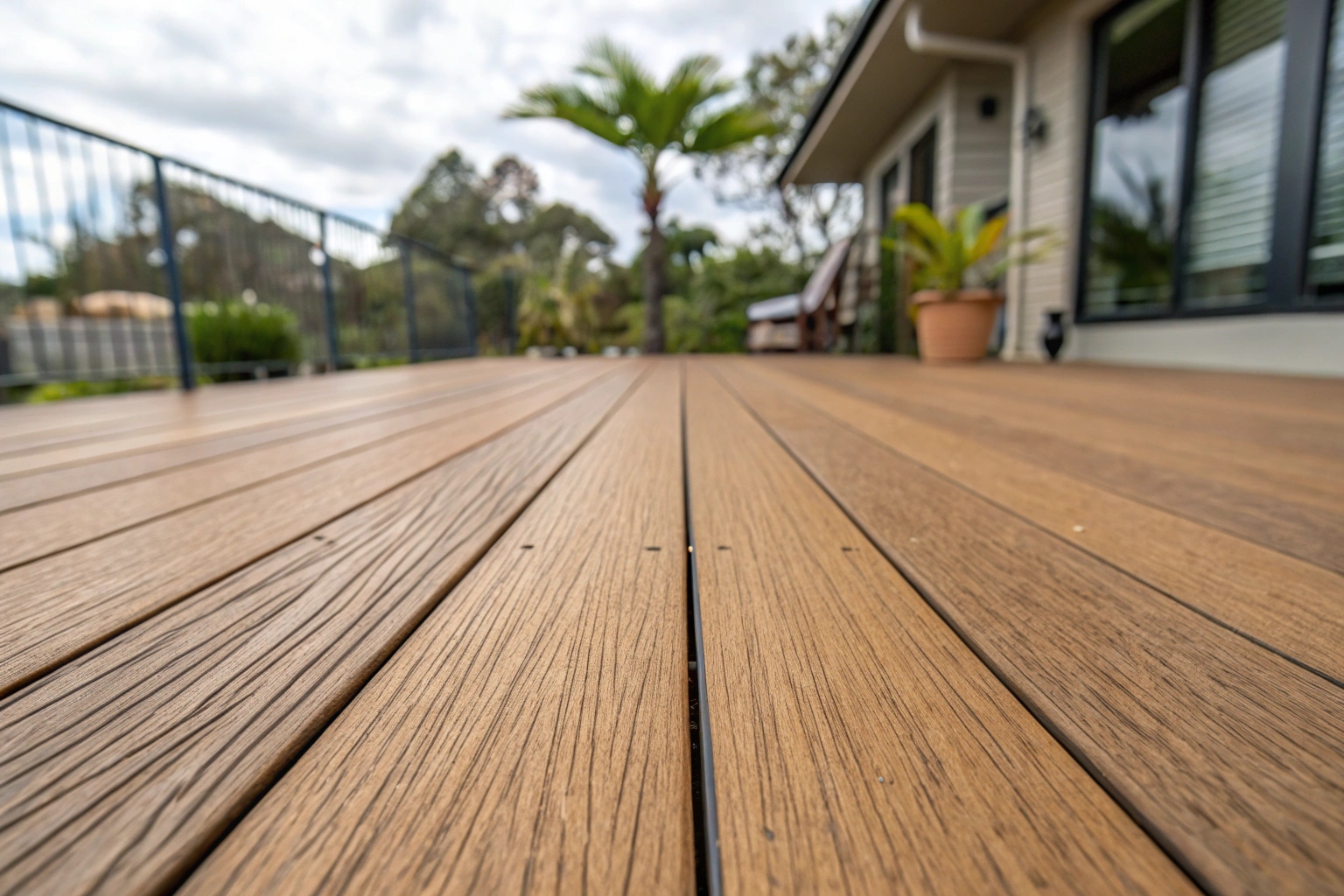 Close-up of composite decking boards resistant to humidity and termites for a Molendinar home