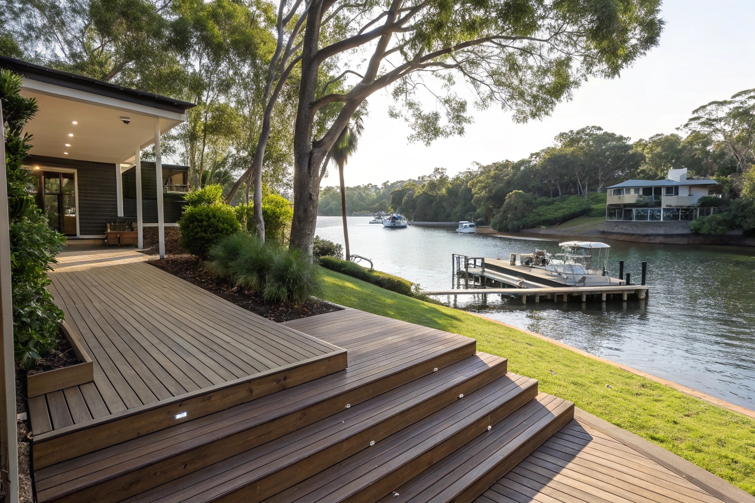 Timber deck on a canal-front property in Palm Beach with waterway access