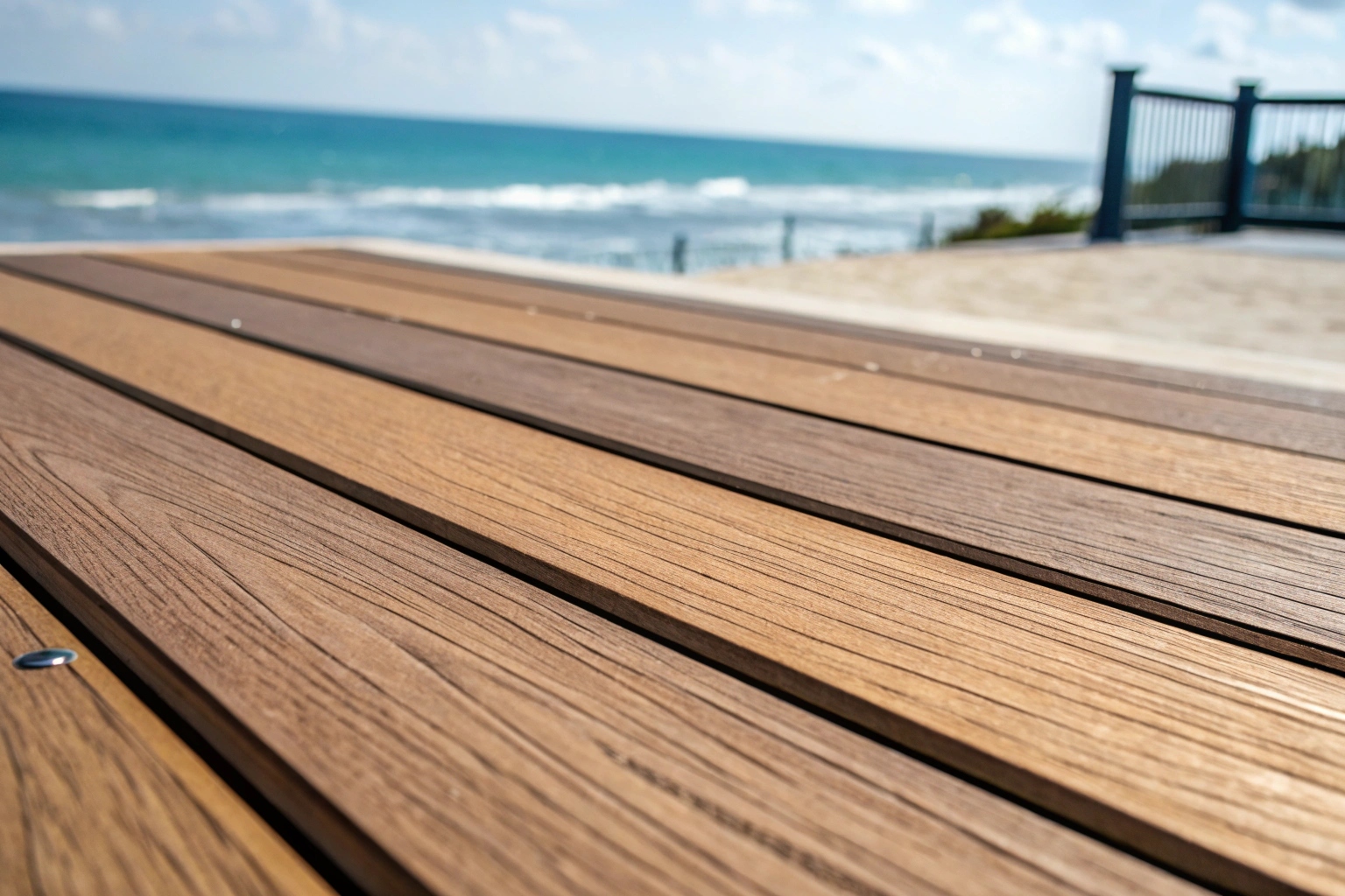 Close-up of salt-resistant composite decking board near Palm Beach
