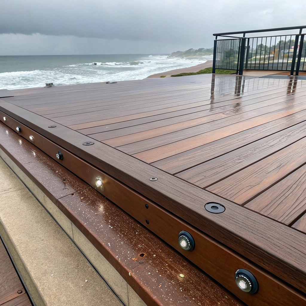 Close-up of salt-resistant composite decking installed at a beachfront property