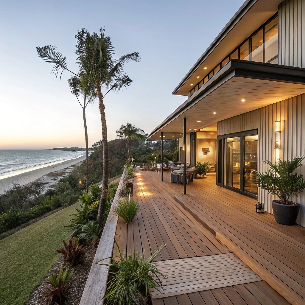 Low-maintenance composite decking for a luxury coastal home with ocean views
