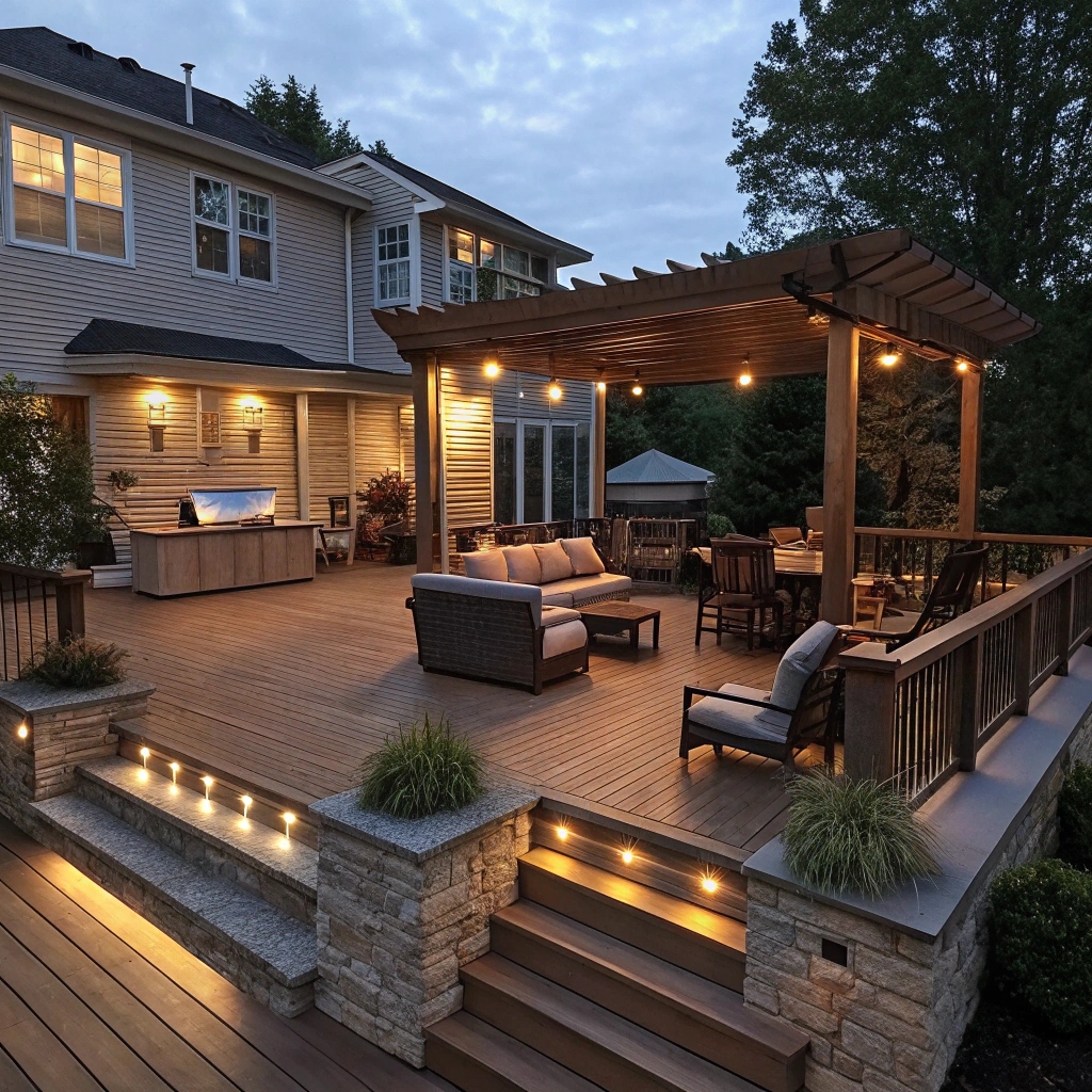 Luxury outdoor entertainment deck with built-in features for year-round hosting