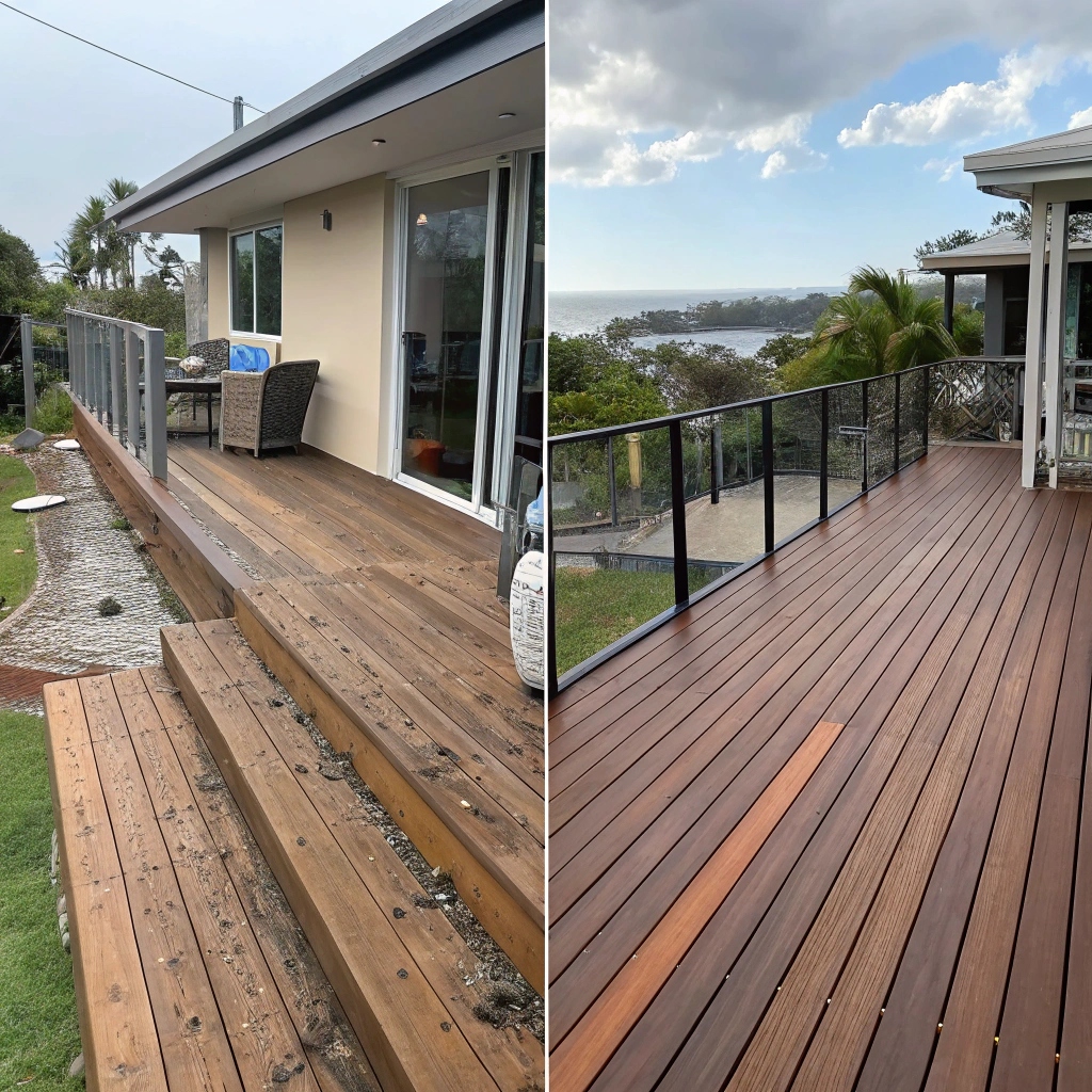 Before and after deck renovation in Redland showing transformation from weathered timber to modern composite decking