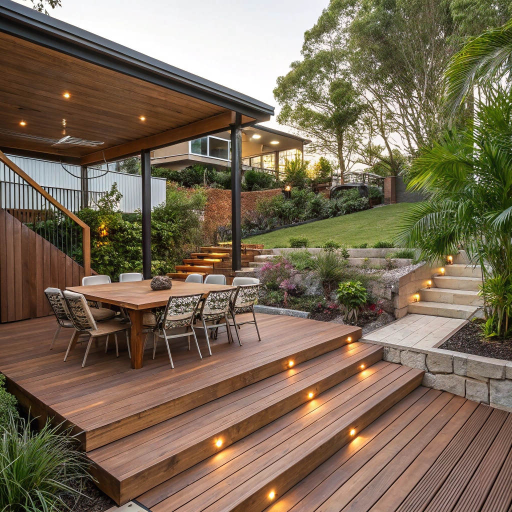 Custom-designed multi-level deck in Redland with integrated features for outdoor entertaining and maximized space usage