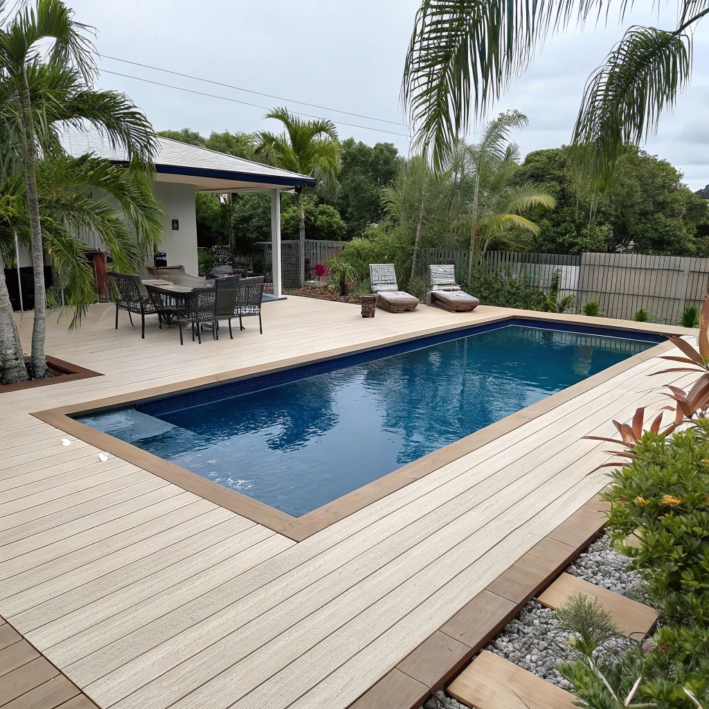 Seamless pool deck installation in Redland featuring slip-resistant composite decking surrounding a modern swimming pool