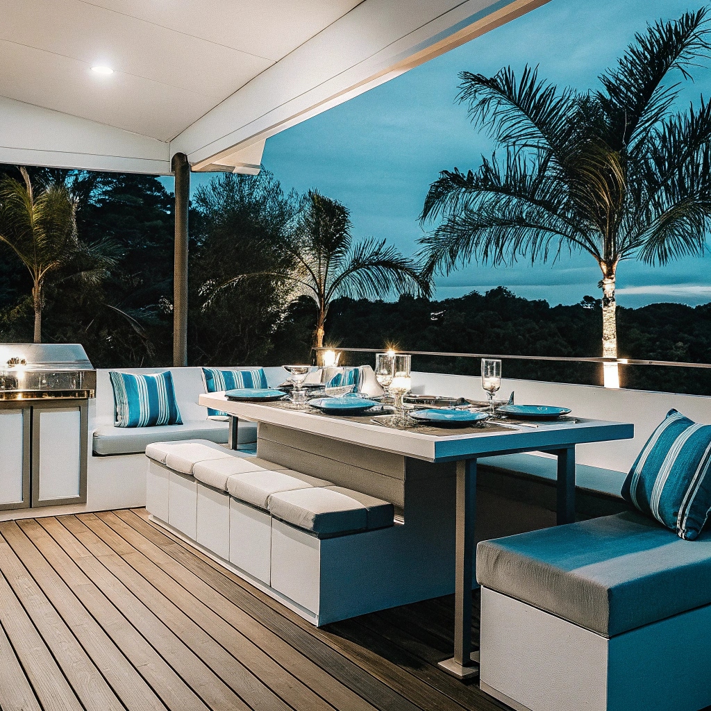 Custom entertainment deck with built-in features and outdoor kitchen for hosting gatherings in Robina