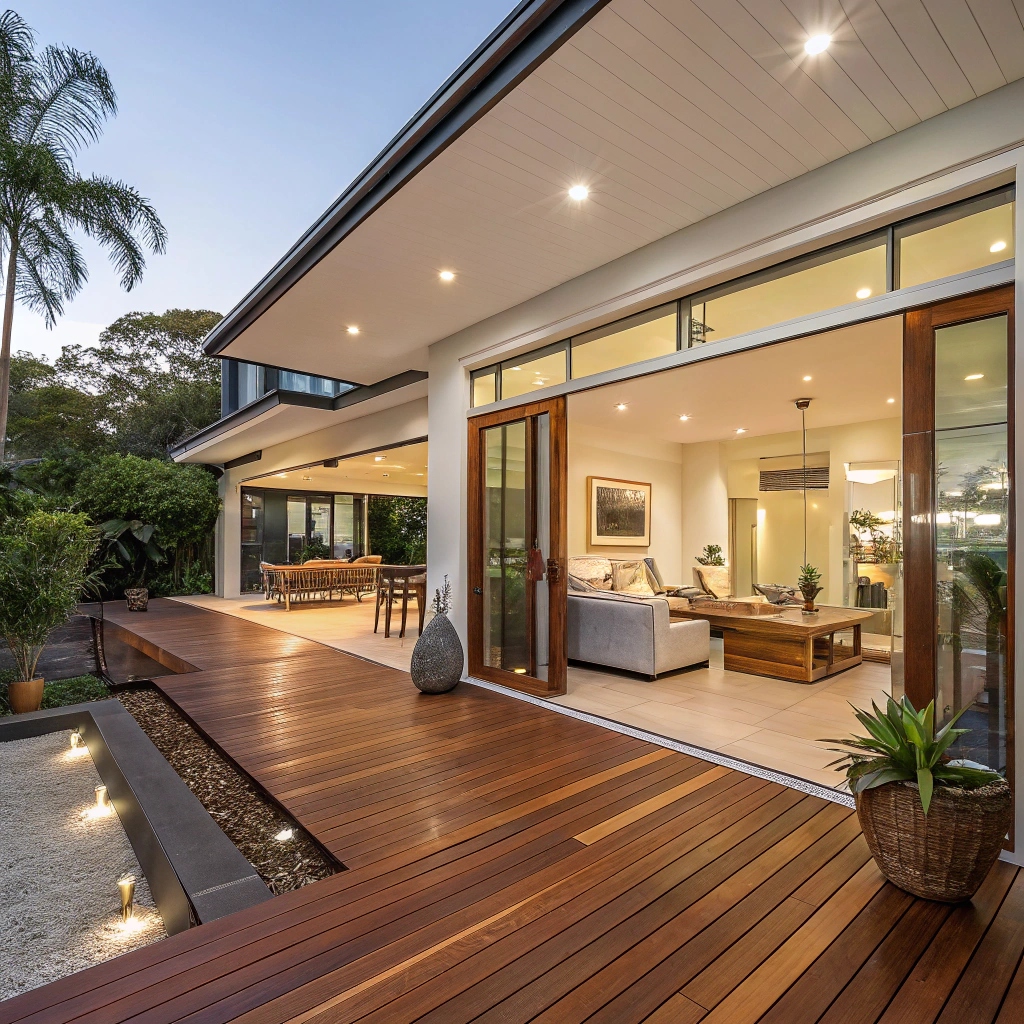 Seamless indoor-outdoor living space with continuous flooring from interior to deck in Robina home