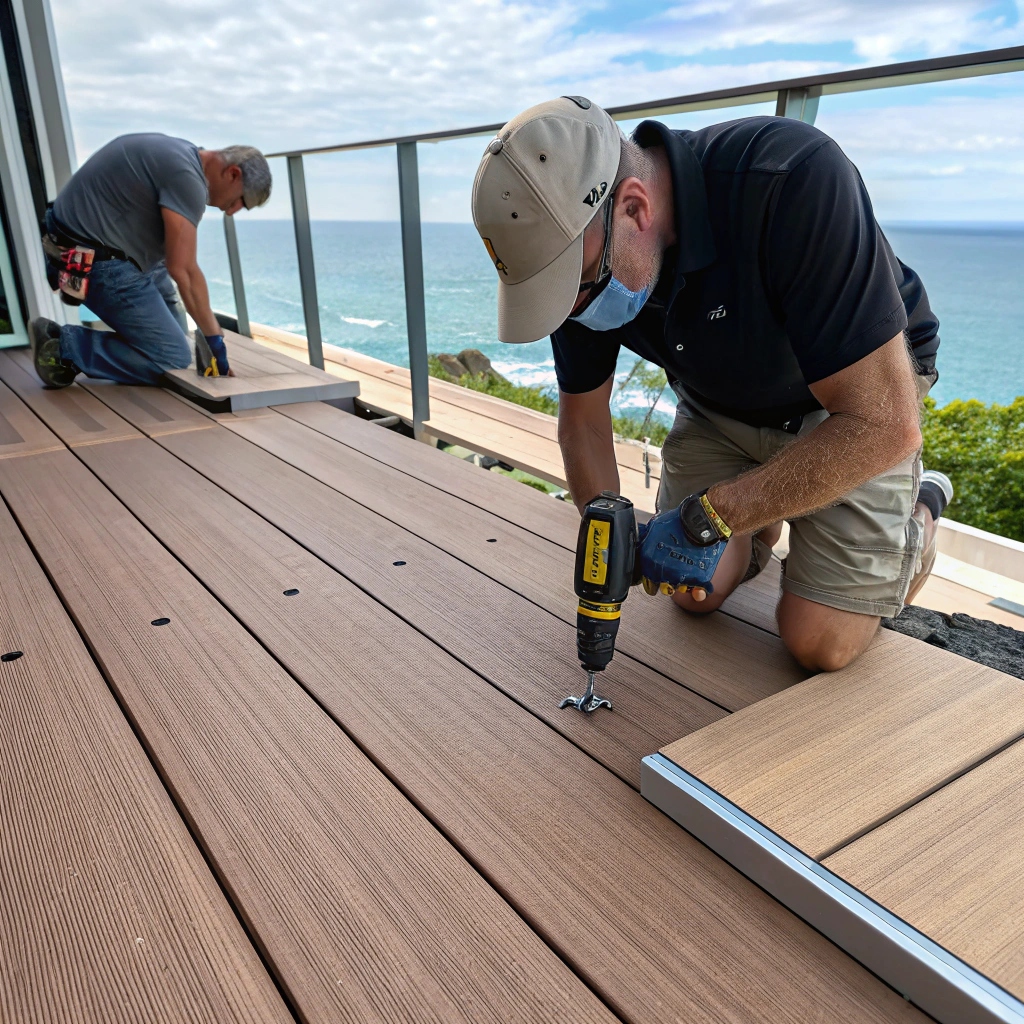 Professional installation of salt-resistant composite decking at a Tweed Heads coastal home showing hidden fastening system and premium weather-resistant materials
