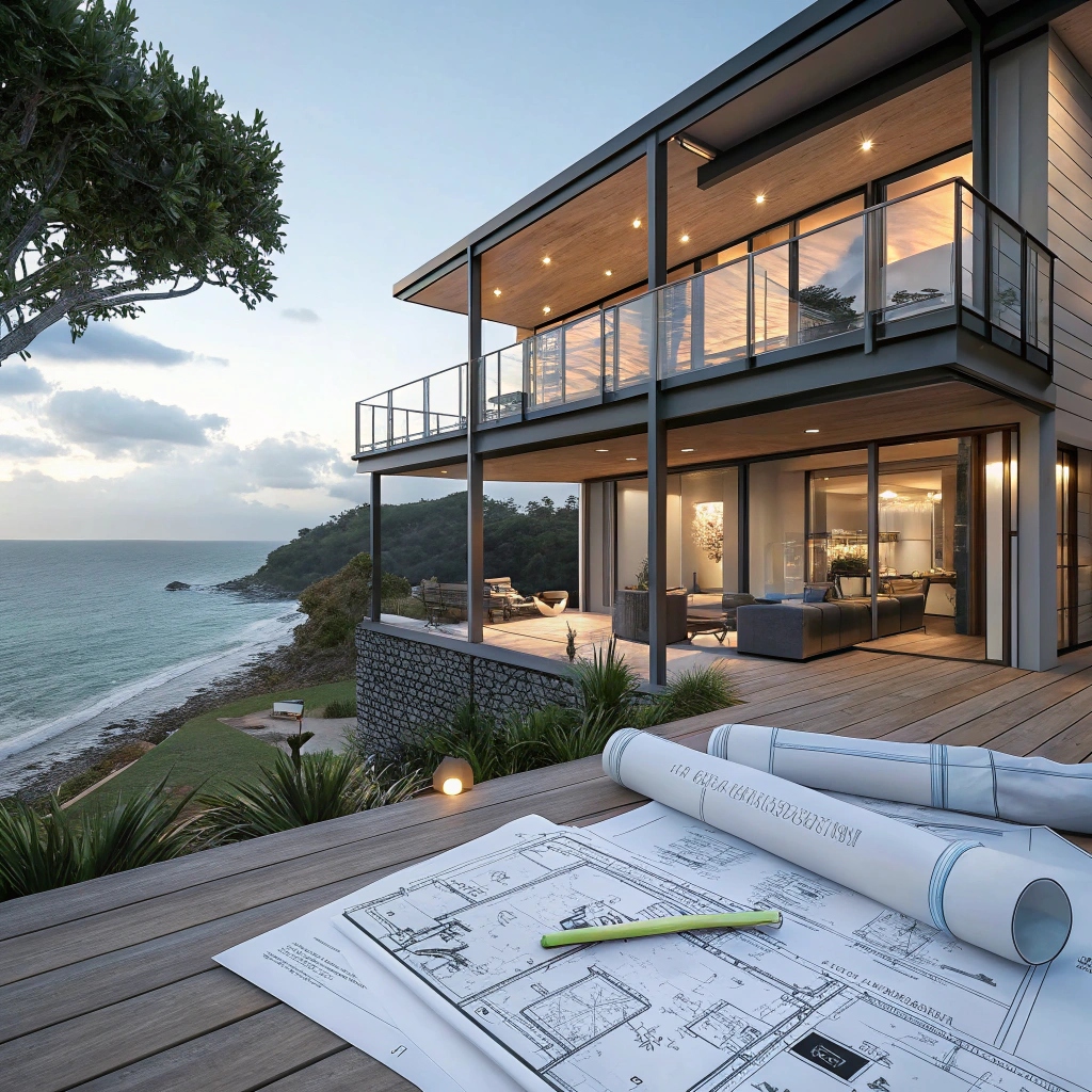 3D visualization of custom deck design for Tweed Heads coastal home showing integrated outdoor living space with ocean views, architectural plans, and material samples