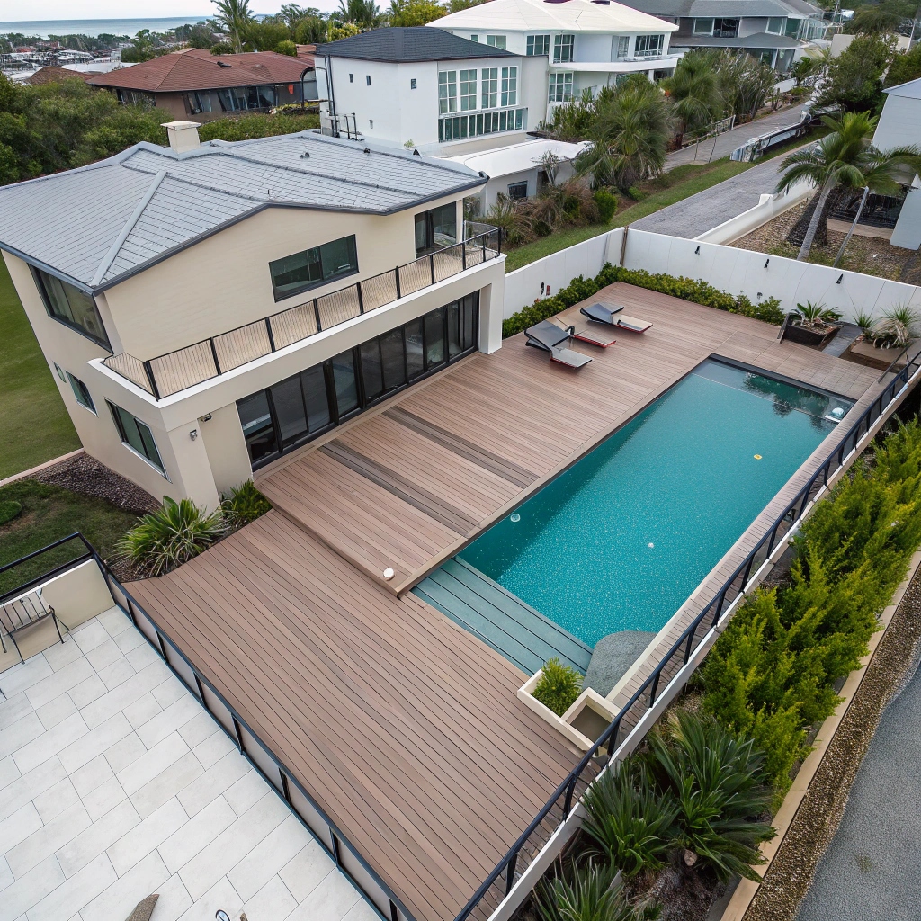 Integrated pool and deck design for Tweed Heads coastal home featuring slip-resistant decking materials and specialized drainage solutions for wet environments