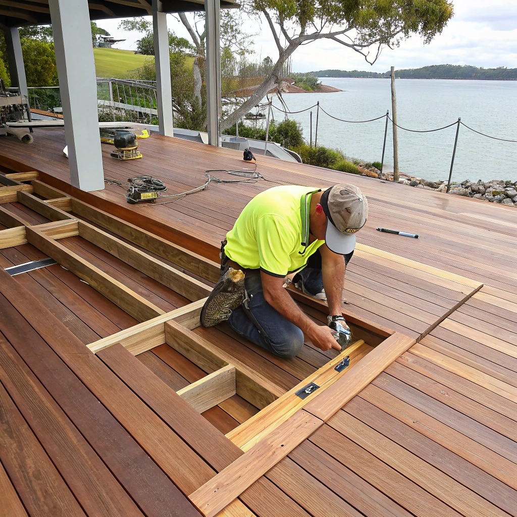 Marine-grade hardwood deck installation at Tweed Heads home featuring specialized moisture management system and premium Australian hardwoods resistant to coastal conditions