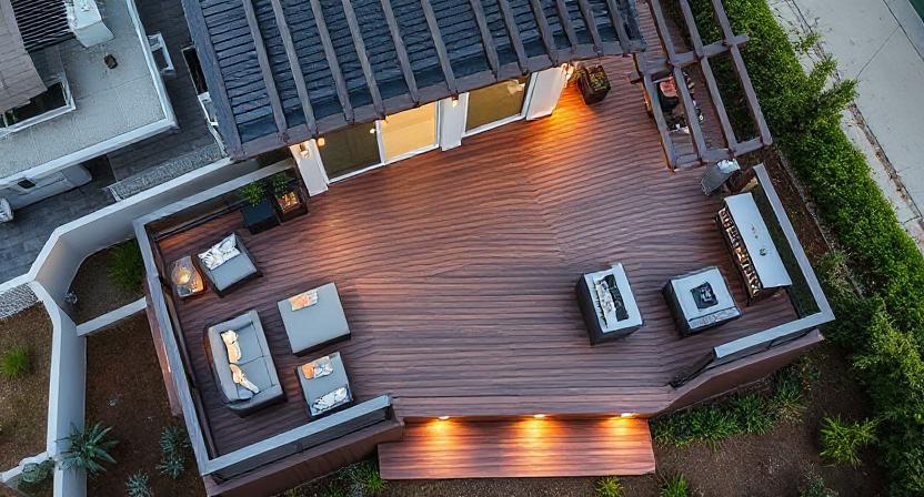 Aerial view of a multi-level luxury deck with pergola and outdoor kitchen