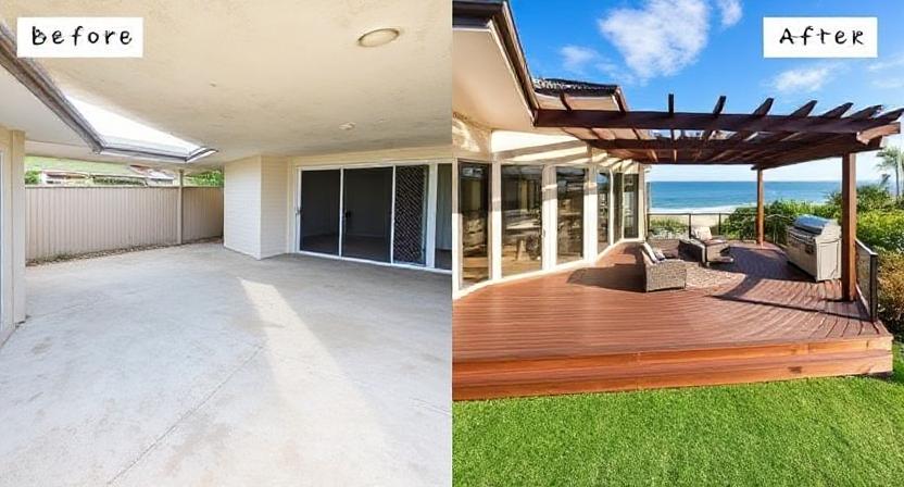 Before-and-after of a Broadbeach patio transformed into a luxury multi-level deck with ocean views
