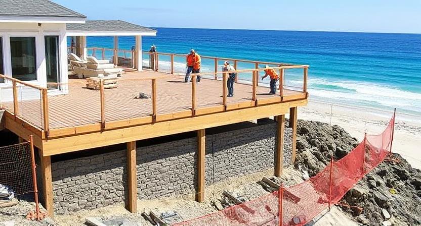 Coastal deck construction in Broadbeach, council compliant build in progress near beachfront