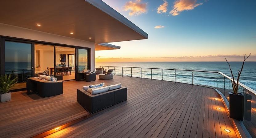 Luxury composite deck overlooking Broadbeach ocean, modern multi-level coastal design with built-in seating, LED lighting and premium outdoor furniture at golden hour