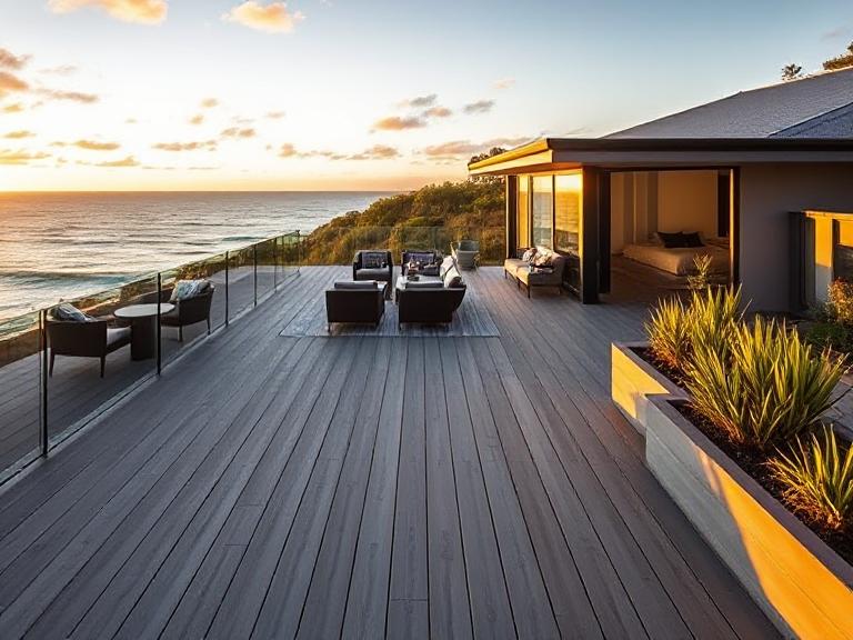 Stunning grey composite deck installation on the Gold Coast, a modern coastal entertaining oasis