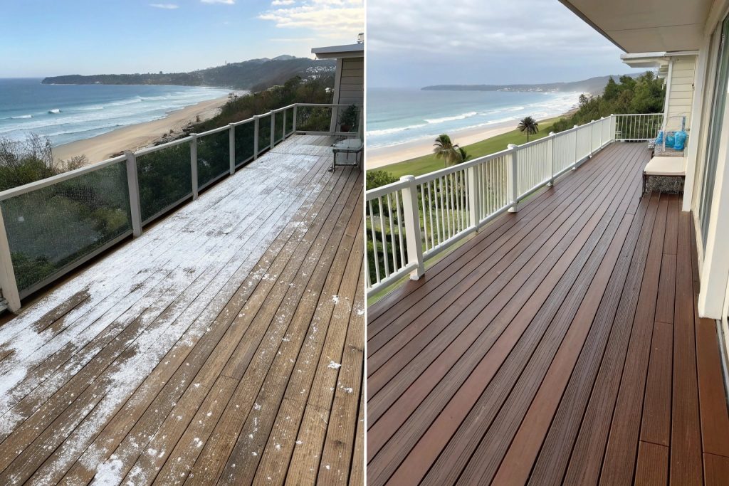 Side-by-side comparison of salt-damaged hardwood decking versus well-maintained composite decking on Burleigh Heads beachfront properties after 5 years of exposure