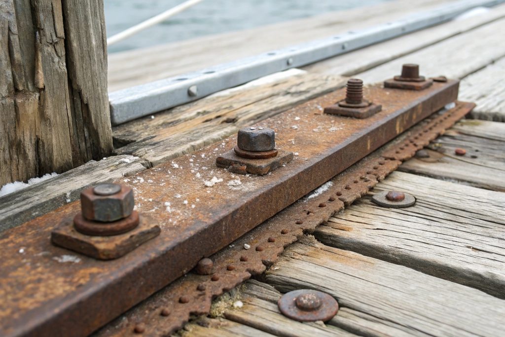 Close-up of severe salt corrosion on deck hardware showing rusted screws and metal fittings against weathered timber decking in coastal Burleigh Heads