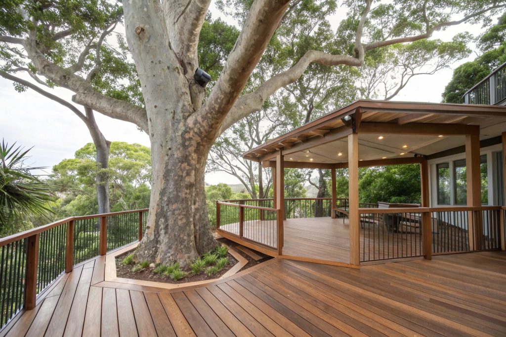 Council-approved deck design preserving a native gum tree in Burleigh Heads