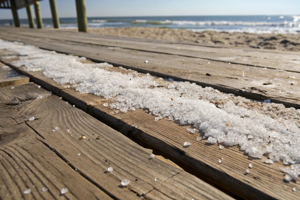 Salt damage on a 6-year-old timber deck in Palm Beach showing advanced weathering and structural deterioration