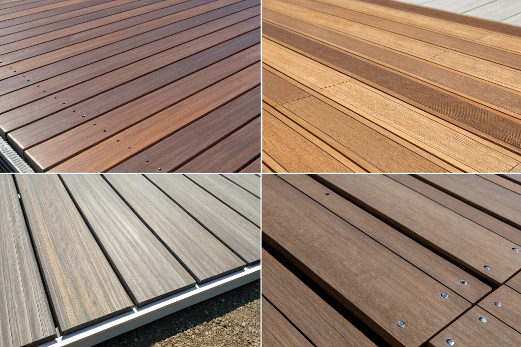 Close-up comparison of durable decking materials for Southport homes: composite, modified hardwood, spotted gum, and aluminium