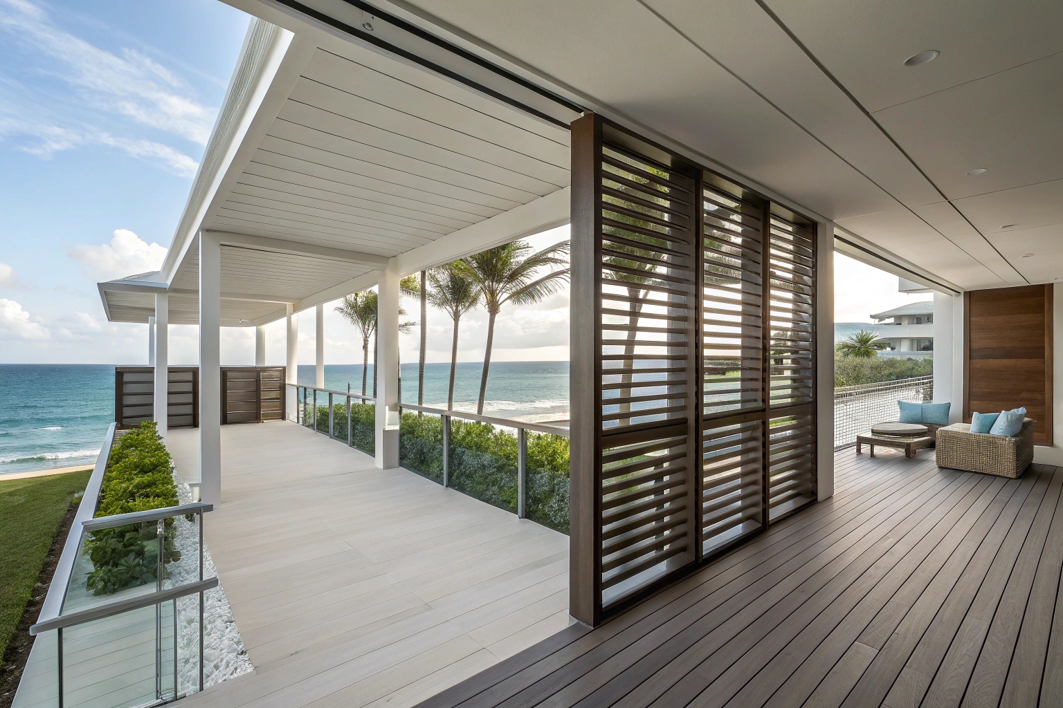 Contemporary deck with angled privacy screens