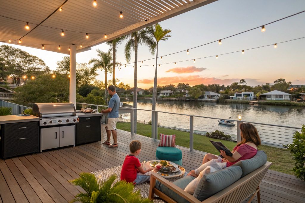 Family entertaining on a composite deck overlooking Southport canals, showcasing Queensland's indoor-outdoor lifestyle