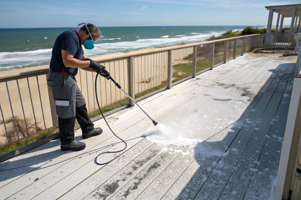 Homeowner pressure washing salt residue from a coastal deck in Burleigh Heads with visible before and after cleaning sections