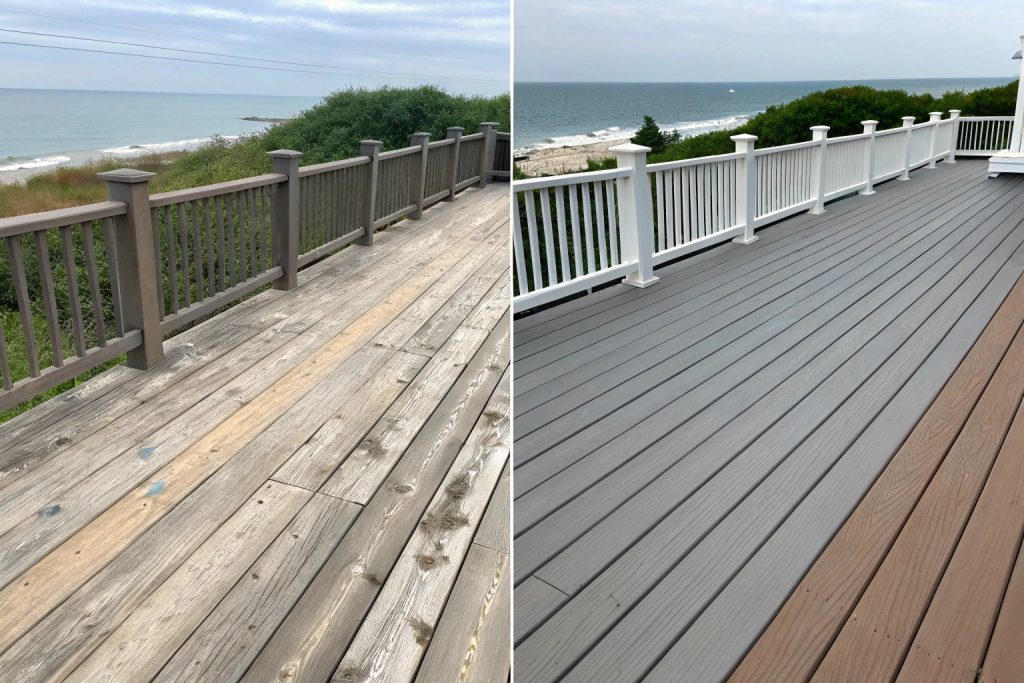 15-year comparison: Timber deck (left) versus composite deck (right) in Palm Beach coastal condition