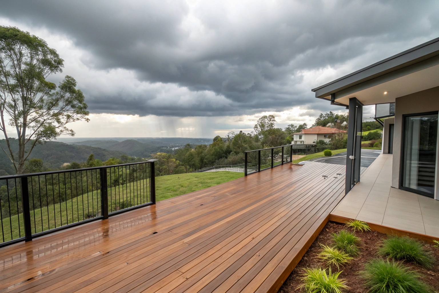 Wide-angle view of a modern timber deck