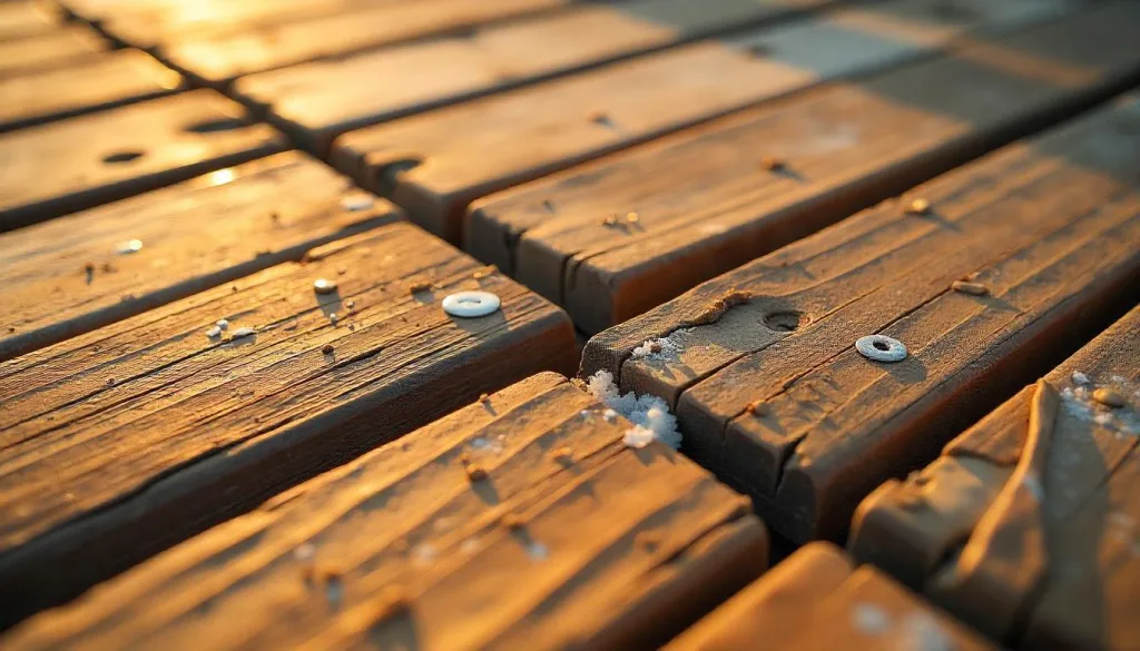 Close-up of salt air damage on timber decking, showing corroded fasteners and warped boards in a coastal environment