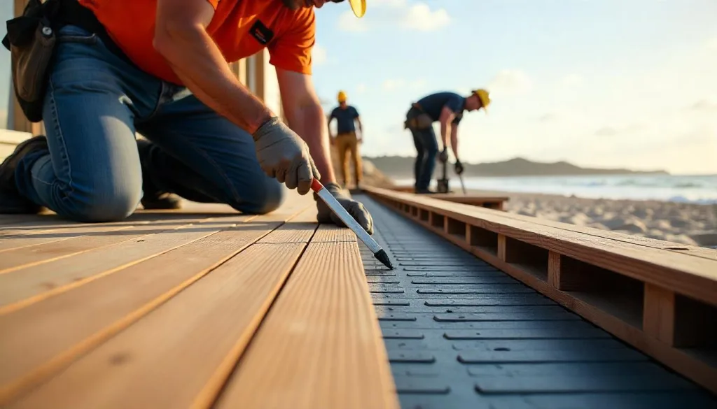 Cutaway technical illustration of deck construction showing footings, framing, cyclone ties, drainage and electrical layout with labeled details
