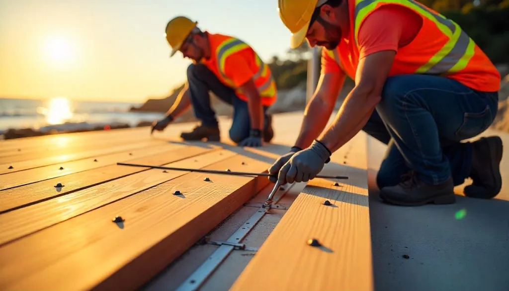 Deck installation in progress by professional contractors on a Gold Coast property, showing framing, tools and coastal construction setting