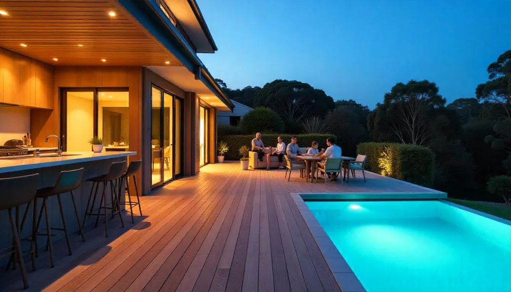 Elegant outdoor entertaining on a composite deck at a Main Beach coastal home, showing a family gathering and modern alfresco living