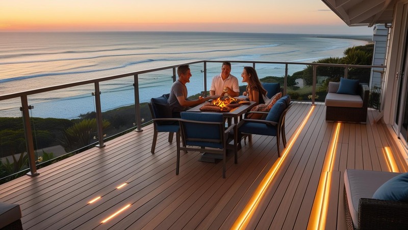 Family entertaining on a Gold Coast deck at sunset with composite decking, LED lighting and ocean views
