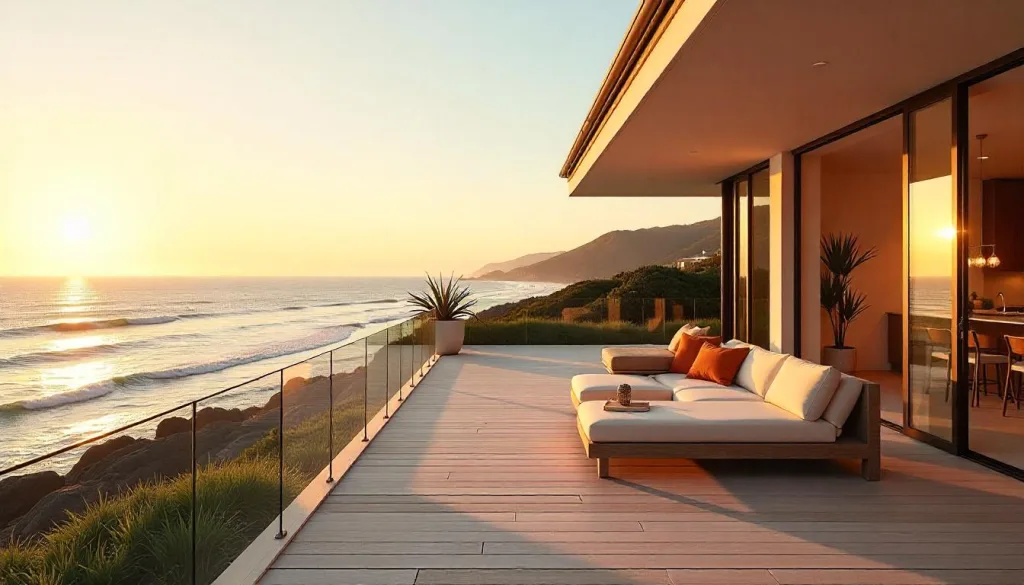 Oceanfront composite deck at a luxury coastal home in Palm Beach, Gold Coast, with a premium outdoor entertaining area at sunset