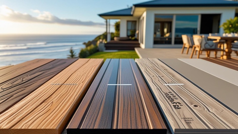 Side-by-side comparison of timber, composite and premium decking materials at a Gold Coast coastal home with ocean view