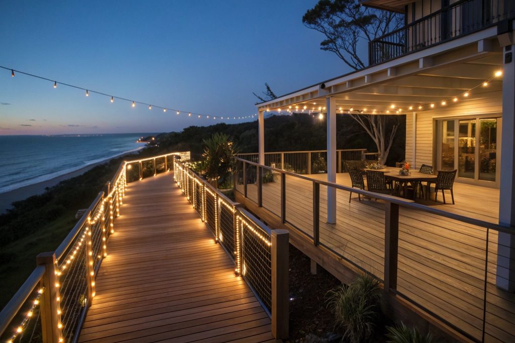 Coastal entertainment deck with LED strip lighting, string lights, and ambient pathway lighting creating inviting atmosphere at twilight