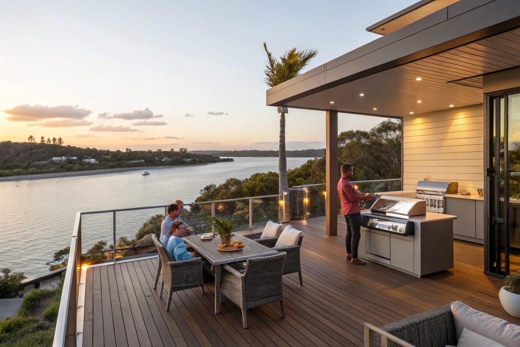 Premium low maintenance decking Broadbeach salt air with family entertaining on pristine composite deck