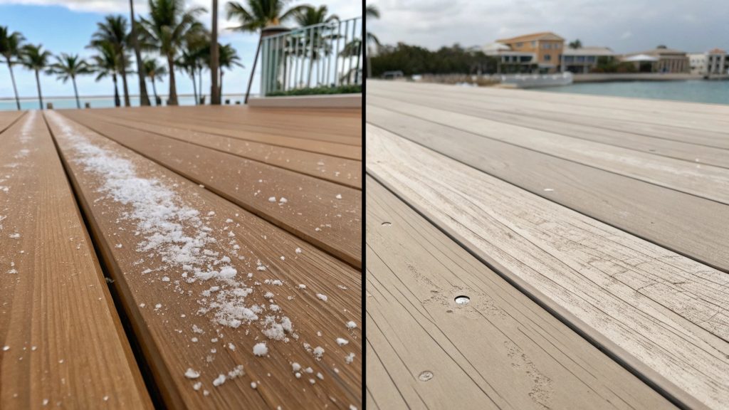 Close-up comparison shot of composite decking boards