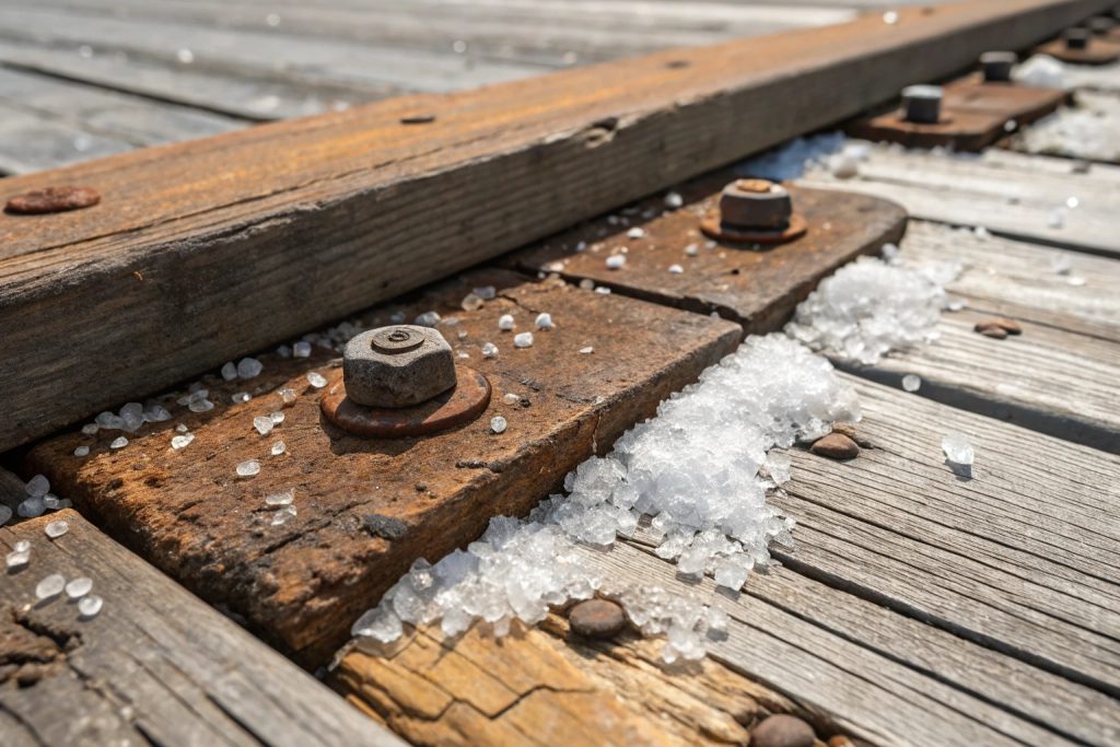 Salt air corrosion damage on timber deck fasteners and boards in Broadbeach coastal environment