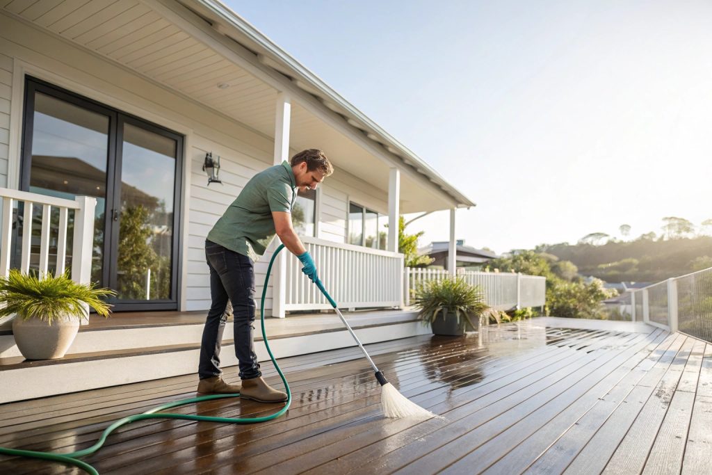 Easy maintenance of low maintenance composite decking Broadbeach with simple garden hose cleaning