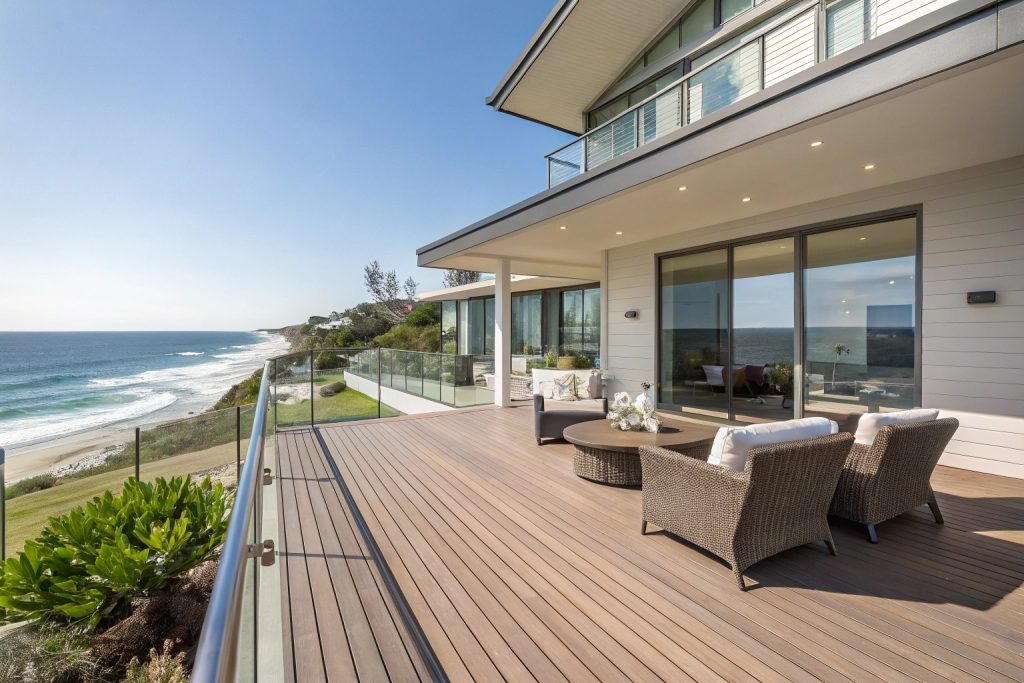 Low maintenance composite decking on Gold Coast home with ocean views and modern outdoor furniture